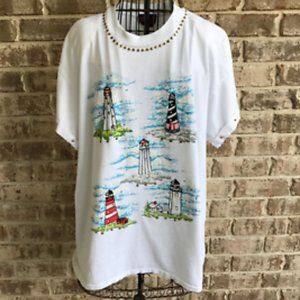Hand Painted Lighthouses Top One Size Vintage 80s P.G.B. USA Studs  Embe…